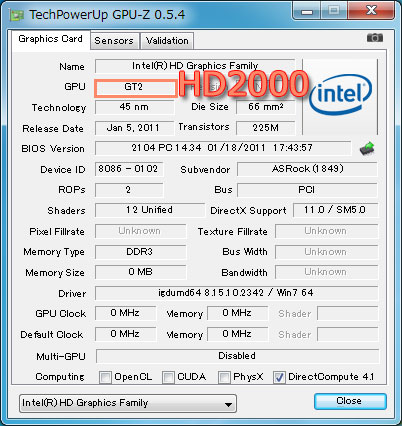 GT2とは、Intel HD Graphics 2000とのこと。