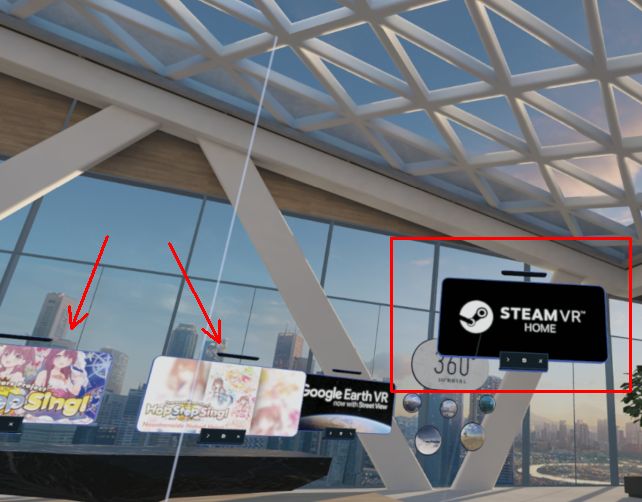 SteamアプリはWindows MRホームにショートカットを配置できるもの（矢印）以外はSteam VR（囲み）経由