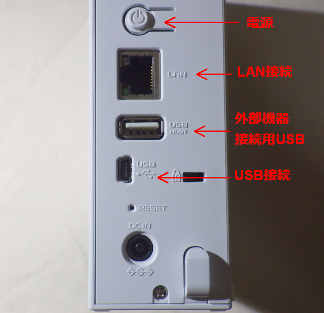 フルサイズのUSB端子は外部機器接続用。PCと接続する方はmini-USB端子。