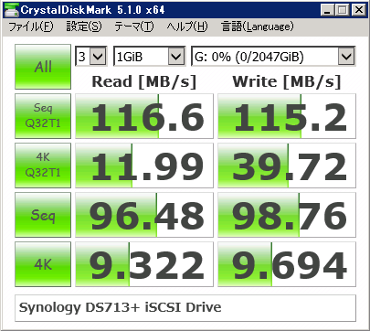 ▲DS713+（iSCSI） Crystal Disk Mark