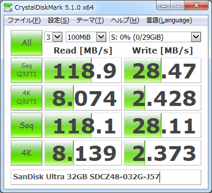▲Crystal Disk Mark 5.1.0 （実行1回目）