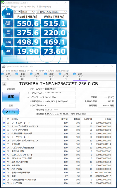 TOSHIBA THNSNH256GCST (SSD 256GB 使用率10%)