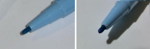 使用前のペン先（左）と、2枚塗りつぶした後のペン先（右）