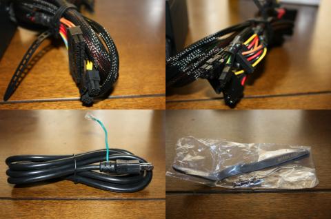 上段左：24ピン・8（4+4）ピンコネクタ　上段右：8（6+2）ピン・SATA・Molex・Floppyコネクタ　下段左：電源ケーブル　下段右：ネジ・マジックテープ