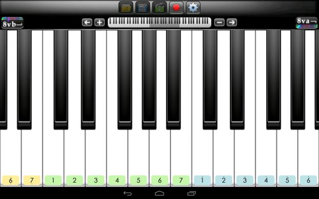使用アプリはタブレットにプリインストールされている「ピアノ大好き」BungBungameさんのソフトです。表示させる鍵盤数を調整可能、上下2段に鍵盤を表示させての連弾も可能です