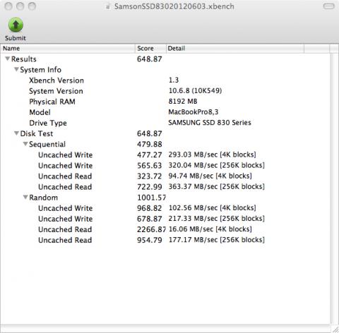 こちら換装後 SATA 3.0 でのXbenchのDisk Test結果