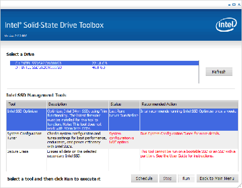 「Intel SSD Optimizer」をクリック、青色に反転したら、「Run」をクリックします。