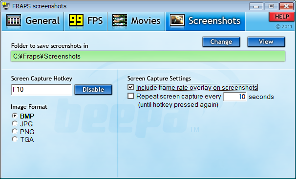 「Include frame rate overlay on screenshots」にチェックを入れる