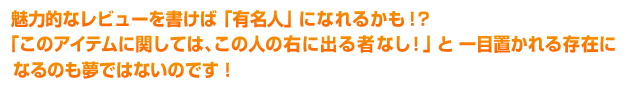 魅力的なレビューを書けば「有名人」になれるかも！？「このアイテムに関しては、この人の右に出る者なし！」と一目置かれる存在になるのも夢ではないのです！