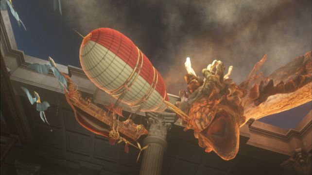 見上げると3DMark系ベンチのどこかで見た飛行船とドラゴンが