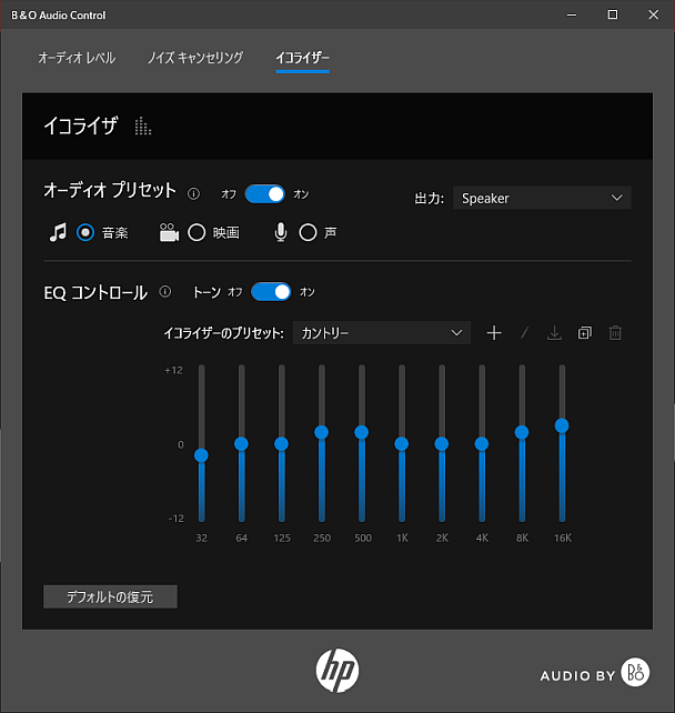 500Hzあたりと、8kHz以上を緩やかに上げた「カントリー」は良く通る