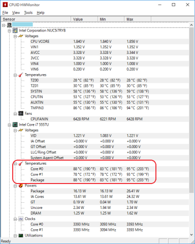 Windows 10のインストール開始からのCPUコア最高温度