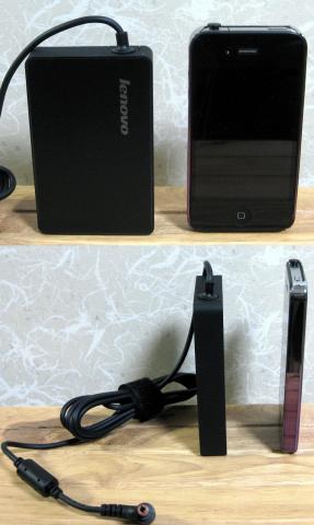 ACアダプタとiPhone4で大きさを比べてみました。中々小型ですね。