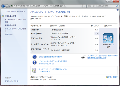 Windowsエクスペリエンス インデックスの結果
