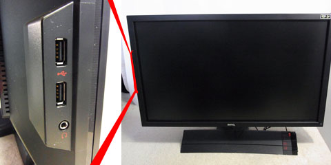 左側面に位置するUSB&ミニプラグ 大きな機器を挿すと張り出すので注意