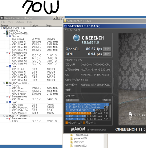 CINEBENCHでUPUグラフィック消費電力70W