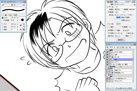 キャンパスを回転して塗りやすく作業