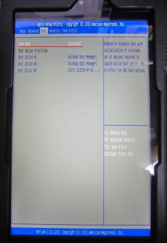 「Boot」タブをクリック、「FastBoot」をクリックして、「Disabled」に変更。