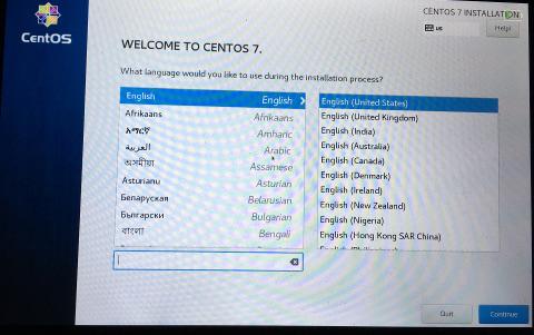 CentOSインストーラーの言語設定メニュー。下の入力ボックスで検索しよう