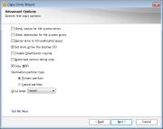 Advanced Optionsでは「Set drive active」「Copy MBR」にチェックをいれて「Destination partition type