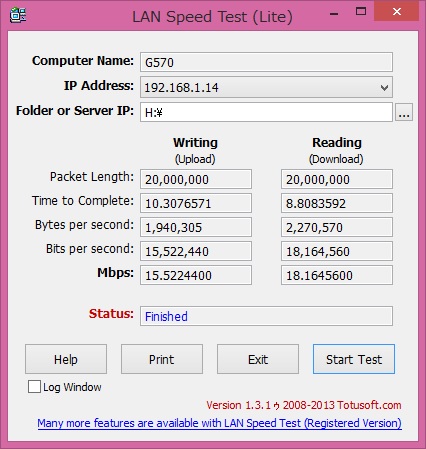 802.11g で接続した場合の結果