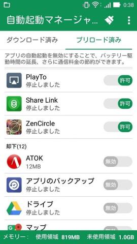 標準でインストールされている一部のアプリが無効に設定されていることがわかる