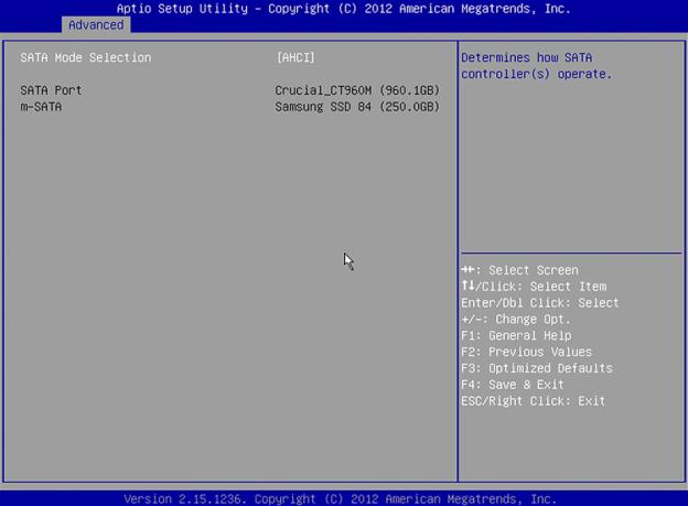 Advanced - SATA Mode Selection画面
