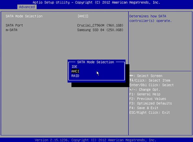 Advanced - SATA Mode Selection Setup画面
