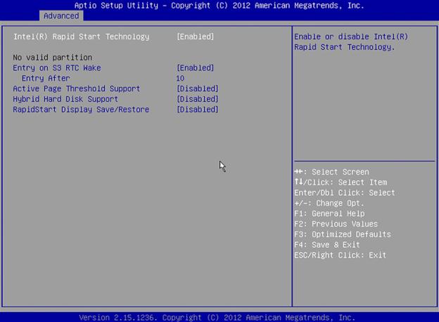 Intel Rapid Start Technology Setup画面