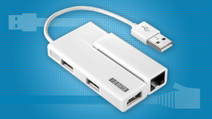 ノートPCに接続して有線LAN＆USBを増設できる　LANアダプター搭載USB2.0ハブ「US2-HB4ETX」