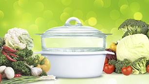 おしゃれな上に使い方いろいろ!フランス生まれのガラス製お鍋~リュミナルク ヴィトロ ブルーミング ホワイトコレクション スチーマー付両手鍋 2L IH~