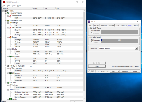 Celeron CPUに対するCPU-Zのストレステスト