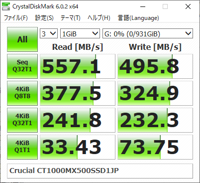 ▲Crucial CT1000MX500SSD1JP (SATA SSD)