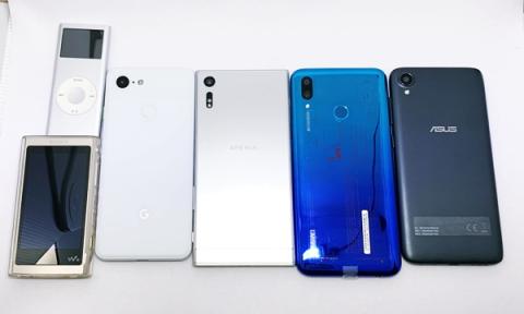 左上からiPod 2gen, Walkman NW-A55, Google Pixel 3, Sony Xperia XZ, Huawei nova lite 3, ASUS Zenfone Live L1。