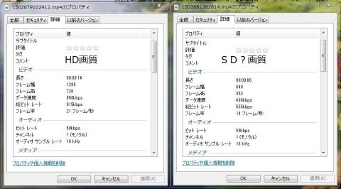 録画ファイルのプロパティ 解像度比較