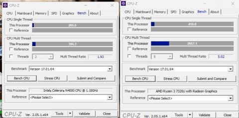 CPU-ZでのBench比較、左がDELL、右がLenovo
