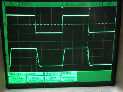 過渡応答(A=11 f=100kHz Rfb=10kΩ 位相補償なし 10:1プローブのみ接続 ガラエポユニバーサル基板)