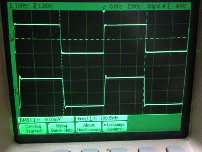 過渡応答(A=11 Vin=200mVp-p f=100kHz Rfb=10kΩ 位相補償なし 10:1プローブのみ接続 ガラエポユニバーサル基板)