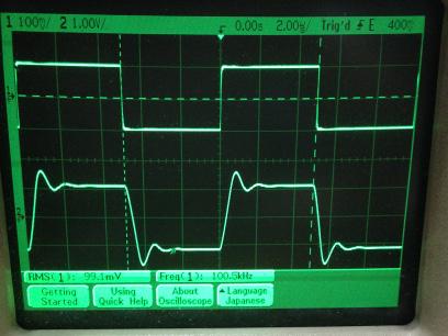 過渡応答(A=11 Vin=200mVp-p f=100kHz Rfb=10kΩ 位相補償なし 10:1プローブのみ接続 ガラエポユニバーサル基板)