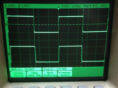 過渡応答(A=11 Vin=200mVp-p f=100kHz Rfb=10kΩ 位相補償なし 10:1プローブのみ接続 ガラエポユニバーサル基板)