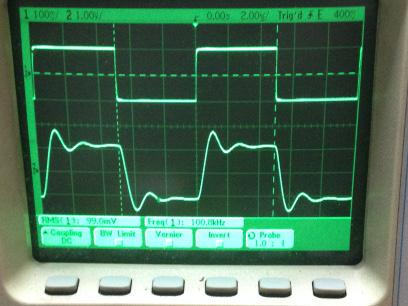 過渡応答(A=11 Vin=200mVp-p f=100kHz Rfb=10kΩ 位相補償なし 10:1プローブのみ接続 ガラエポユニバーサル基板)