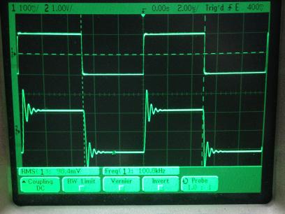 過渡応答(A=11 Vin=200mVp-p f=100kHz Rfb=10kΩ 位相補償なし 10:1プローブのみ接続 ガラエポユニバーサル基板)