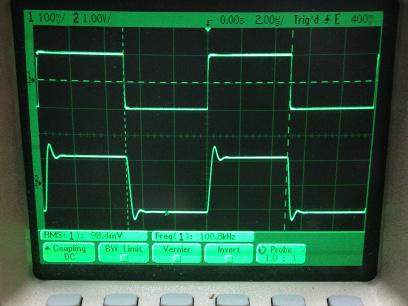 過渡応答(A=11 Vin=200mVp-p f=100kHz Rfb=10kΩ 位相補償なし 10:1プローブのみ接続 ガラエポユニバーサル基板)