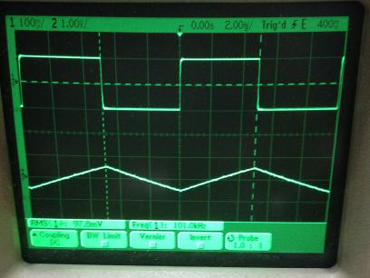 過渡応答(A=11 Vin=200mVp-p f=100kHz Rfb=10kΩ 位相補償なし 10:1プローブのみ接続 ガラエポユニバーサル基板)