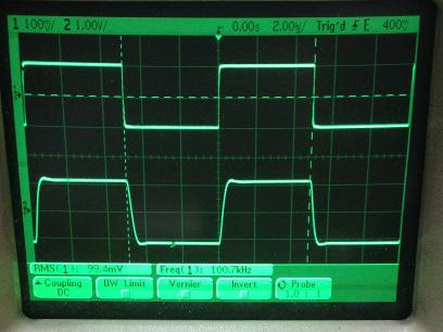 過渡応答(A=11 Vin=200mVp-p f=100kHz Rfb=10kΩ 位相補償なし 10:1プローブのみ接続 ガラエポユニバーサル基板)