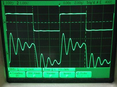 過渡応答(A=11 Vin=200mVp-p f=100kHz Rfb=10kΩ 位相補償なし 10:1プローブのみ接続 ガラエポユニバーサル基板)