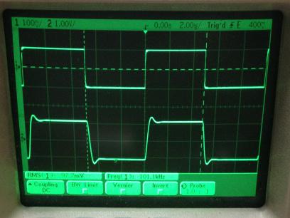 過渡応答(A=11 Vin=200mVp-p f=100kHz Rfb=10kΩ 位相補償なし 10:1プローブのみ接続 ガラエポユニバーサル基板)