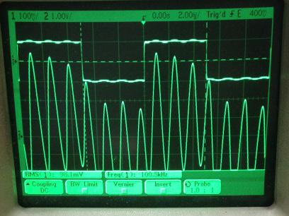 過渡応答(A=11 Vin=200mVp-p f=100kHz Rfb=10kΩ 位相補償なし 10:1プローブのみ接続 ガラエポユニバーサル基板)