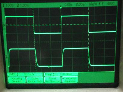 過渡応答(A=11 Vin=200mVp-p f=100kHz Rfb=10kΩ Cfb=10pF 10:1プローブのみ接続 ガラエポユニバーサル基板)