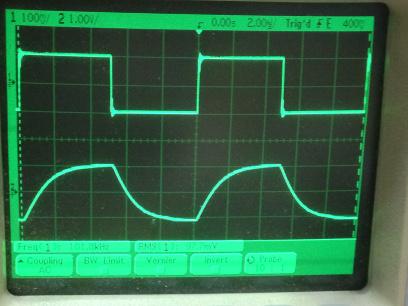 過渡応答(A=11 Vin=200mVp-p f=100kHz Rfb=10kΩ 位相補償なし 10:1プローブのみ接続 ガラエポユニバーサル基板)